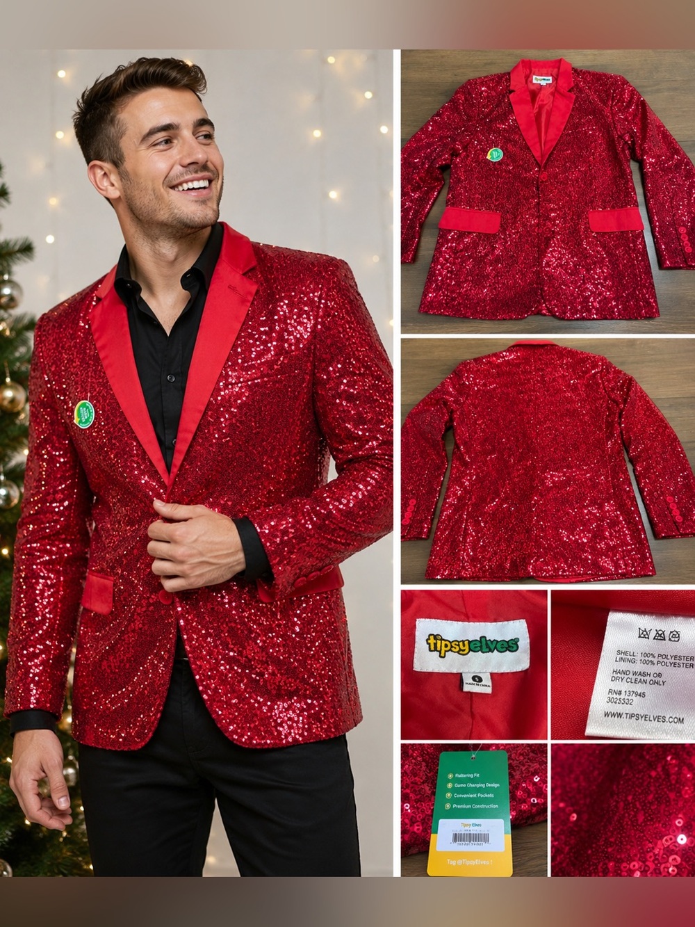 Tipsy Elves NWT Red Sequin Blazer Men’s Small Christmas Holiday Party Sparkle